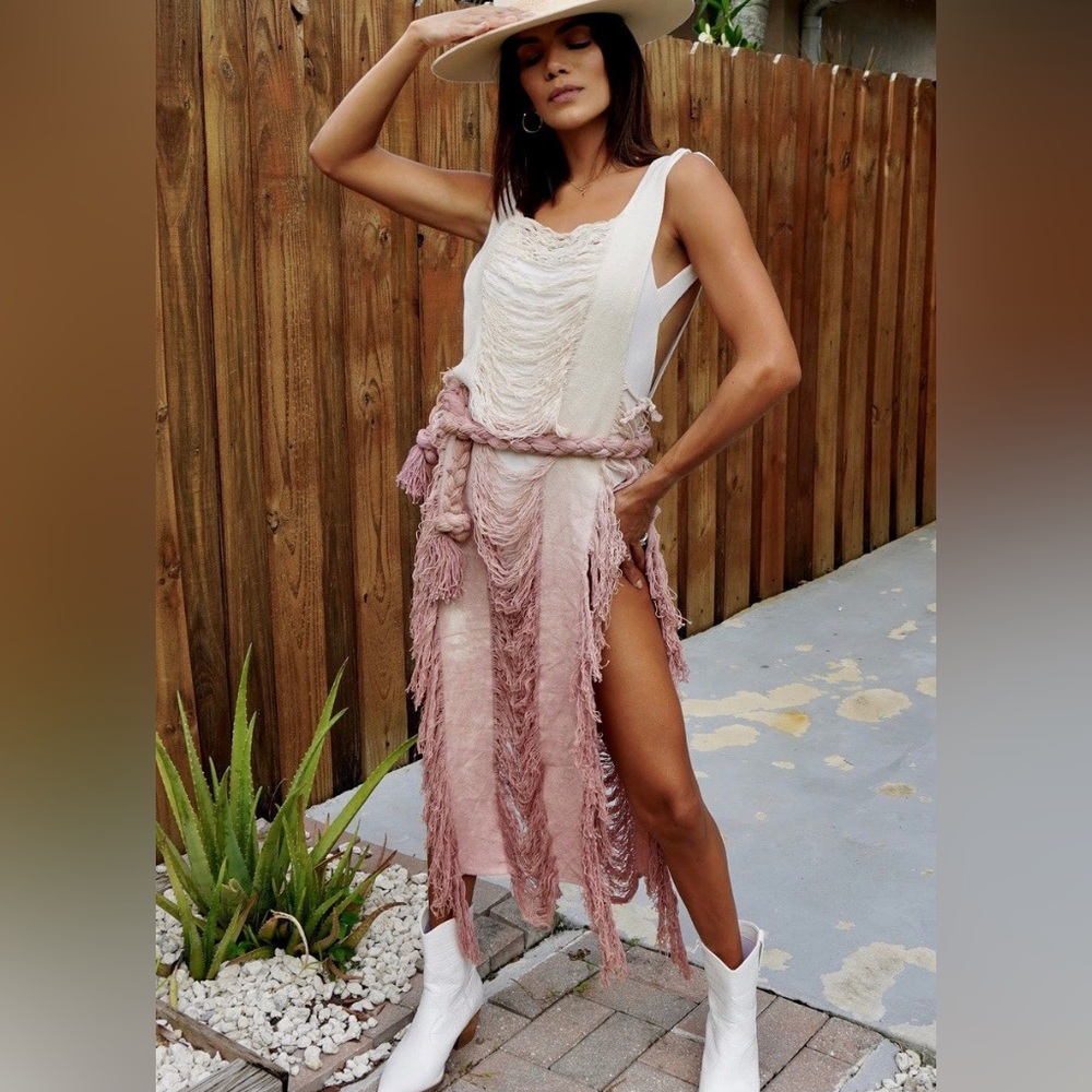 Boho Fringe Dress w/ Pink and Cream Accents | Thrifts and Threads Boho Crudo